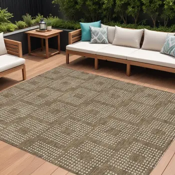9' X 12' Brown And Ivory Geometric Washable Indoor Outdoor Area Rug