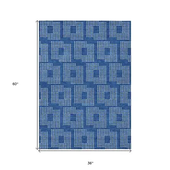 3' X 5' Blue And Ivory Geometric Washable Indoor Outdoor Area Rug