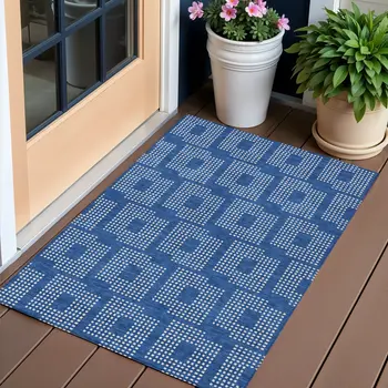 3' X 5' Blue And Ivory Geometric Washable Indoor Outdoor Area Rug