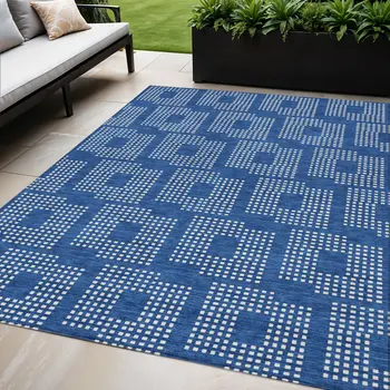 5' X 8' Blue And Ivory Geometric Washable Indoor Outdoor Area Rug