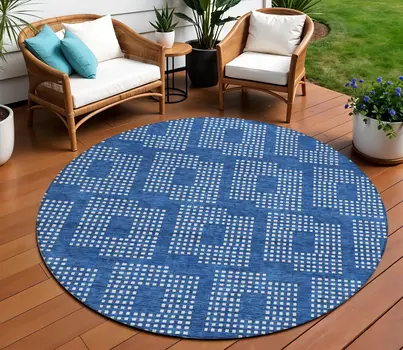 8' Blue And Ivory Round Geometric Washable Indoor Outdoor Area Rug