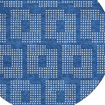 8' Blue And Ivory Round Geometric Washable Indoor Outdoor Area Rug