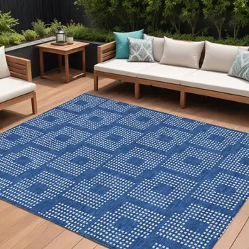 8' X 10' Blue And Ivory Geometric Washable Indoor Outdoor Area Rug