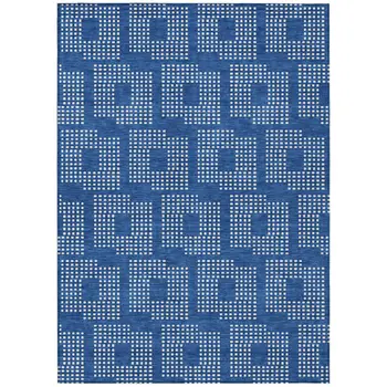 8' X 10' Blue And Ivory Geometric Washable Indoor Outdoor Area Rug