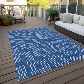 9' X 12' Blue And Ivory Geometric Washable Indoor Outdoor Area Rug