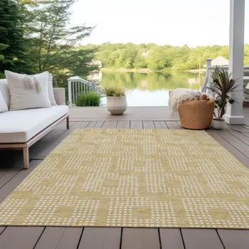8' X 10' Gold And Ivory Geometric Washable Indoor Outdoor Area Rug