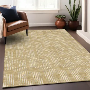 9' X 12' Gold And Ivory Geometric Washable Indoor Outdoor Area Rug