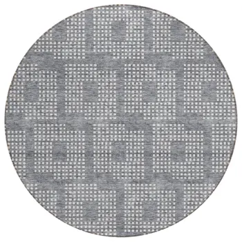 8' Gray And Ivory Round Geometric Washable Indoor Outdoor Area Rug