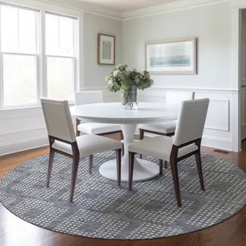 8' Gray And Ivory Round Geometric Washable Indoor Outdoor Area Rug