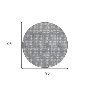 8' Gray And Ivory Round Geometric Washable Indoor Outdoor Area Rug
