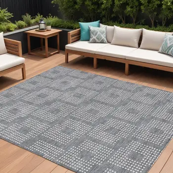 8' X 10' Gray And Ivory Geometric Washable Indoor Outdoor Area Rug
