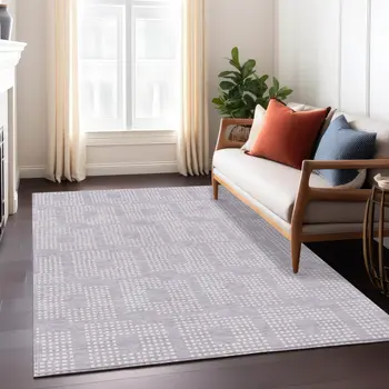 9' X 12' Lavender And Ivory Geometric Washable Indoor Outdoor Area Rug