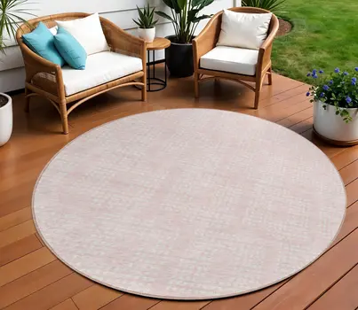 8' Pink And Ivory Round Geometric Washable Indoor Outdoor Area Rug