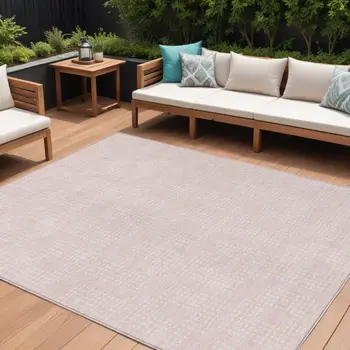 10' X 14' Pink And Ivory Geometric Washable Indoor Outdoor Area Rug