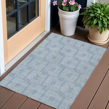 3' X 5' Sky Blue And Ivory Geometric Washable Indoor Outdoor Area Rug