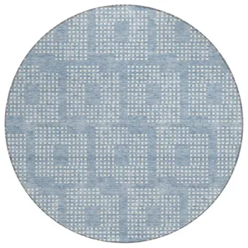 8' Sky Blue And Ivory Round Geometric Washable Indoor Outdoor Area Rug