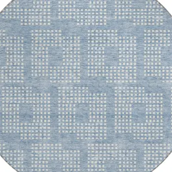 8' Sky Blue And Ivory Round Geometric Washable Indoor Outdoor Area Rug