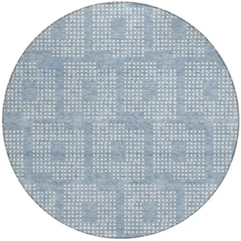 8' Sky Blue And Ivory Round Geometric Washable Indoor Outdoor Area Rug