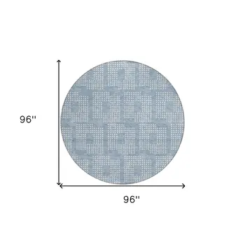 8' Sky Blue And Ivory Round Geometric Washable Indoor Outdoor Area Rug