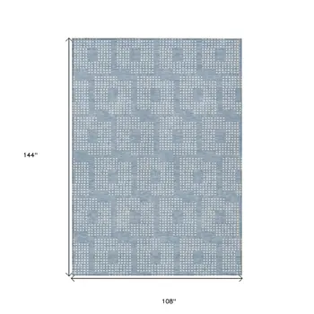 9' X 12' Sky Blue And Ivory Geometric Washable Indoor Outdoor Area Rug