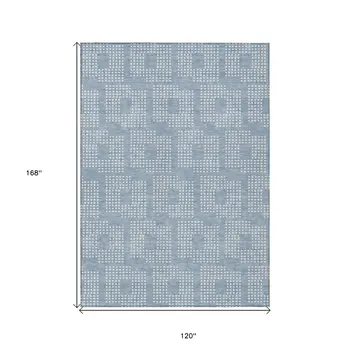 10' X 14' Sky Blue And Ivory Geometric Washable Indoor Outdoor Area Rug