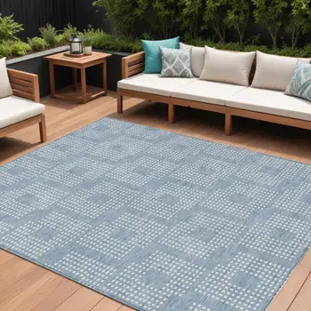10' X 14' Sky Blue And Ivory Geometric Washable Indoor Outdoor Area Rug