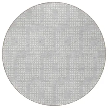 8' Silver And Ivory Round Geometric Washable Indoor Outdoor Area Rug