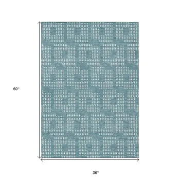 3' X 5' Teal Blue And Ivory Geometric Washable Indoor Outdoor Area Rug