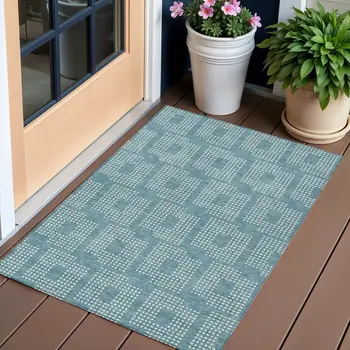 3' X 5' Teal Blue And Ivory Geometric Washable Indoor Outdoor Area Rug