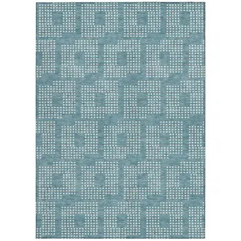 3' X 5' Teal Blue And Ivory Geometric Washable Indoor Outdoor Area Rug
