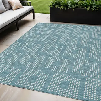 5' X 8' Teal Blue And Ivory Geometric Washable Indoor Outdoor Area Rug
