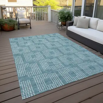 5' X 8' Teal Blue And Ivory Geometric Washable Indoor Outdoor Area Rug
