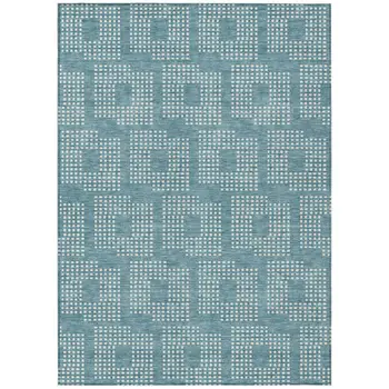 5' X 8' Teal Blue And Ivory Geometric Washable Indoor Outdoor Area Rug