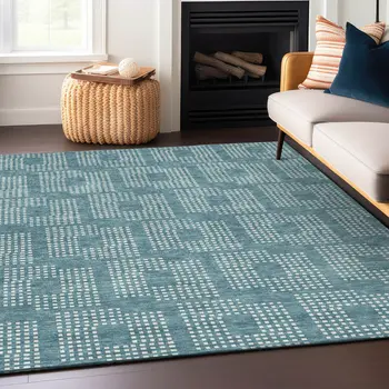 5' X 8' Teal Blue And Ivory Geometric Washable Indoor Outdoor Area Rug