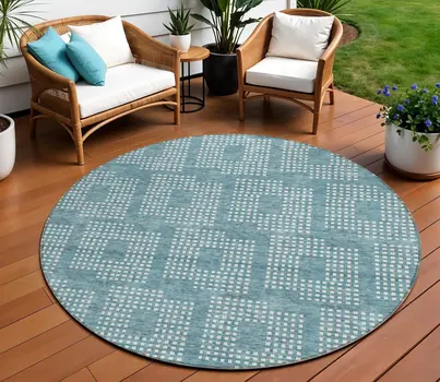 8' Teal Blue And Ivory Round Geometric Washable Indoor Outdoor Area Rug