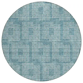 8' Teal Blue And Ivory Round Geometric Washable Indoor Outdoor Area Rug