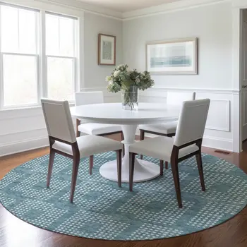 8' Teal Blue And Ivory Round Geometric Washable Indoor Outdoor Area Rug