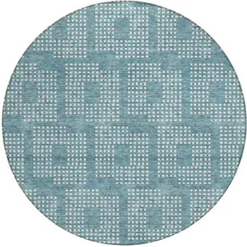 8' Teal Blue And Ivory Round Geometric Washable Indoor Outdoor Area Rug