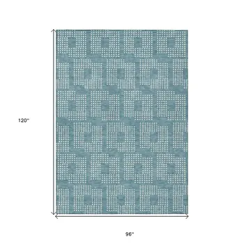 8' X 10' Teal Blue And Ivory Geometric Washable Indoor Outdoor Area Rug