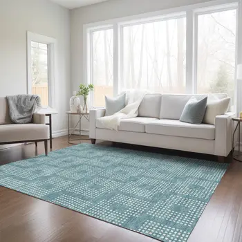 9' X 12' Teal Blue And Ivory Geometric Washable Indoor Outdoor Area Rug