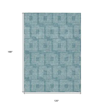 10' X 14' Teal Blue And Ivory Geometric Washable Indoor Outdoor Area Rug
