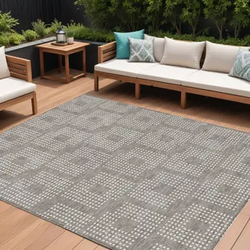 10' X 14' Taupe And Ivory Geometric Washable Indoor Outdoor Area Rug