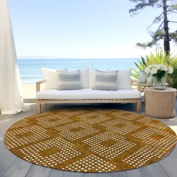 8' Terra Cotta And Ivory Round Geometric Washable Indoor Outdoor Area Rug