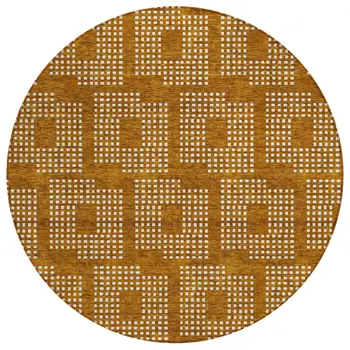 8' Terra Cotta And Ivory Round Geometric Washable Indoor Outdoor Area Rug
