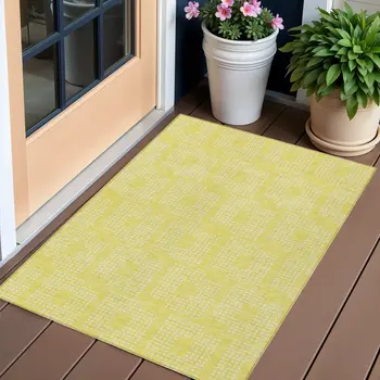 3' X 5' Yellow And Ivory Geometric Washable Indoor Outdoor Area Rug