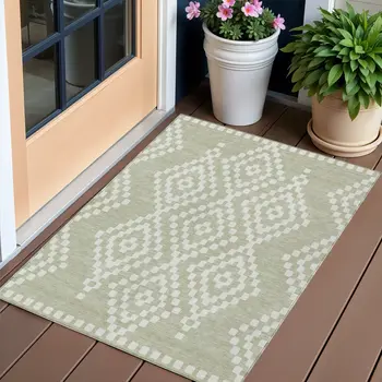 3' X 5' Artichoke Green And Ivory Geometric Washable Indoor Outdoor Area Rug