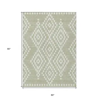 5' X 8' Artichoke Green And Ivory Geometric Washable Indoor Outdoor Area Rug