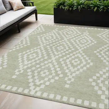 5' X 8' Artichoke Green And Ivory Geometric Washable Indoor Outdoor Area Rug
