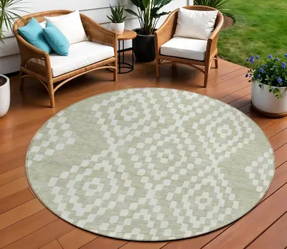 8' Artichoke Green And Ivory Round Geometric Washable Indoor Outdoor Area Rug
