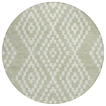 8' Artichoke Green And Ivory Round Geometric Washable Indoor Outdoor Area Rug